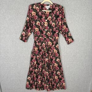 Vintage‎ 80s Dress 9 10 Pink Green Floral Midi Pleated Pockets Cottage 90s Retro